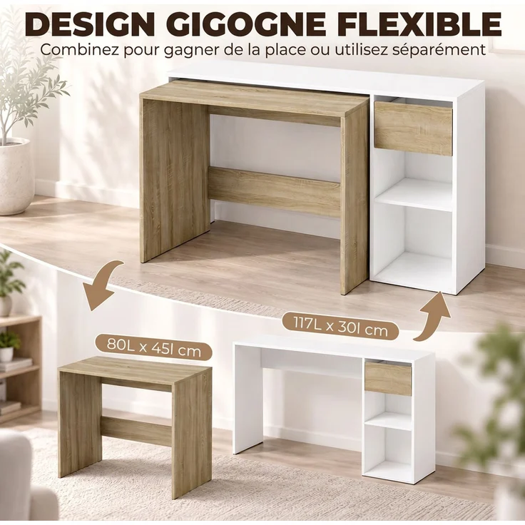 MELAYR, Zweiteiliges, stapelbares Computertisch-Set, Computertisch 80/117 cm mit Schublade und offenen Regalen, Weiß – Bild 6