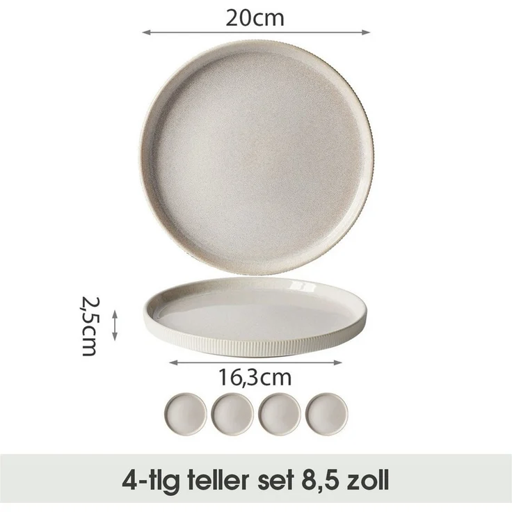 JIWOO Speiseteller 4er Ø20cm, Steakteller Pastateller Salatteller Brotteller Teller, (4 St), Plate Hochwertige Keramik Tellerset Weiß Mikrowellen spülmaschinenfest
