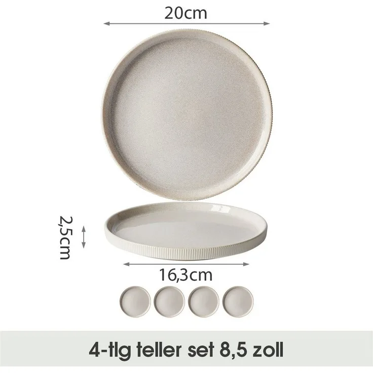 JIWOO Speiseteller 4er Ø20cm, Steakteller Pastateller Salatteller Brotteller Teller, (4 St), Plate Hochwertige Keramik Tellerset Weiß Mikrowellen spülmaschinenfest