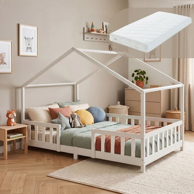 Kinderbett Treviolo 120x200 cm mit Kaltschaummatratze und Gitter Weiß [en. casa] – Bild 1