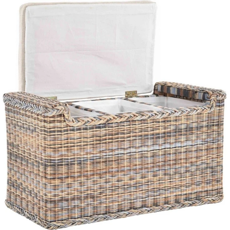 Krines Home Sitztruhe Rattan Wäschetruhe Sitzbank mit Stauraum Wäschesortierer 3 Fächer, mit Deckel – Bild 2