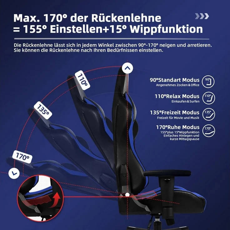 Hiazurm Gaming-Stuhl Gaming Stuhl, Bürostuhl Ergonomisch Wippfunktion bis zu 170° (Gaming Chair mit Fußstütze, 10 cm Höhenverstellung), Gepolsterten Armlehnen, Gamer Stuhl 150kg Belastbarkeit – Bild 1