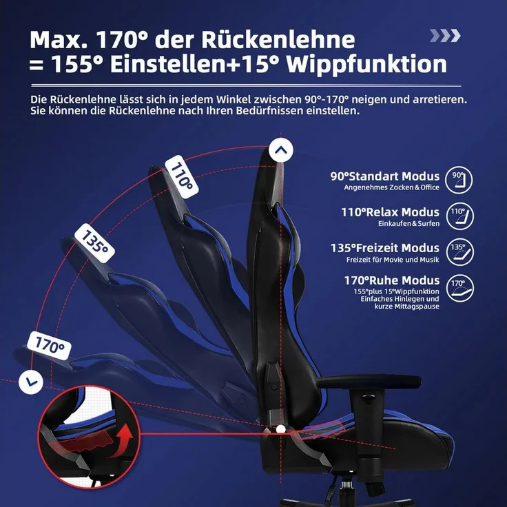 Hiazurm Gaming-Stuhl Gaming Stuhl, Bürostuhl Ergonomisch Wippfunktion bis zu 170° (Gaming Chair mit Fußstütze, 10 cm Höhenverstellung), Gepolsterten Armlehnen, Gamer Stuhl 150kg Belastbarkeit