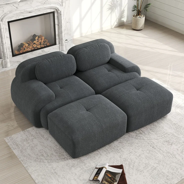 2-Sitzer Sofa 208×178×75 cm aus Cordstoff rahmenlos modular mit 2 Hockern, grau – Bild 2