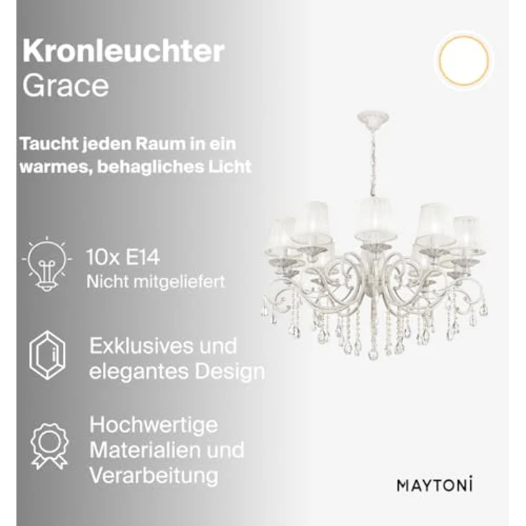 Maytoni Grace Kronleuchter 10 x E14, Vintage Hängelampe in Weiß/Gold mit Kristallen, höhenverstellbar für Wohnzimmer, Esszimmer, Schlafzimmer – Bild 3