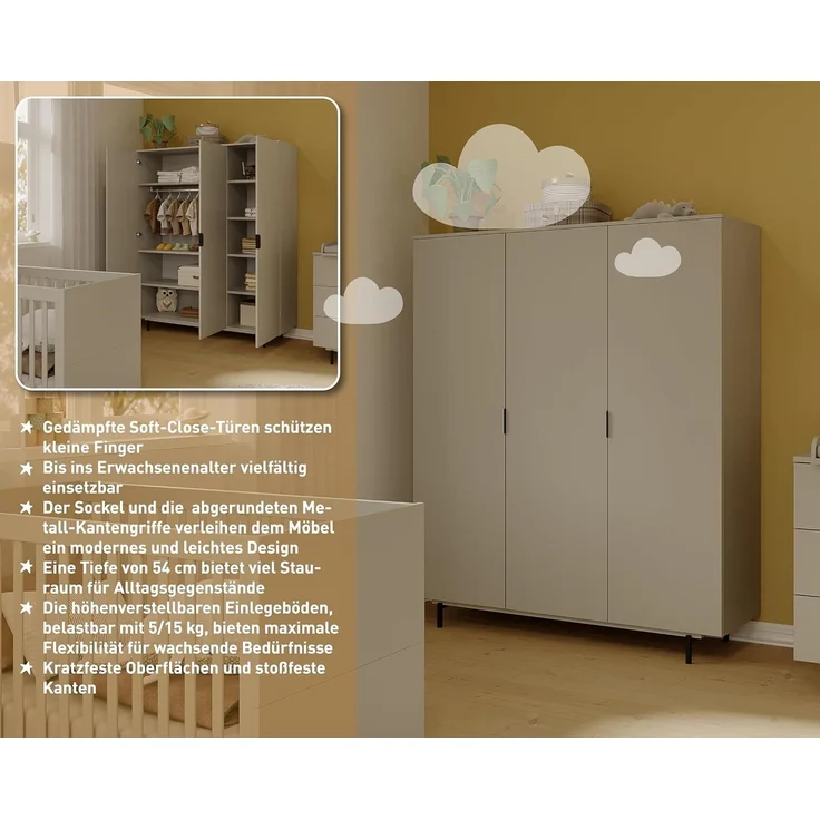 Germania Kleiderschrank 7035-186 GW-Tomino, in Steingrau, gedämpfte Türen, mit Kleiderstange, 158 x 190 x 54 cm (BxHxT) – Bild 8