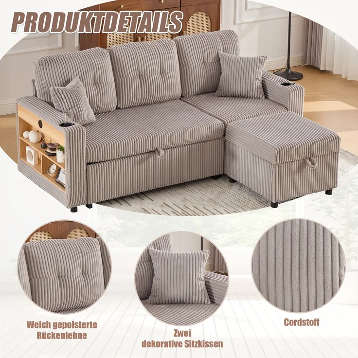 LVHOM Schlafsofa mit LED & USB, Ecksofa mit Ablagefächern, Schublade und Becherhaltern, Schlafcouch aus Cordstoff, frei Kombination, 196x144x85 cm – Bild 10