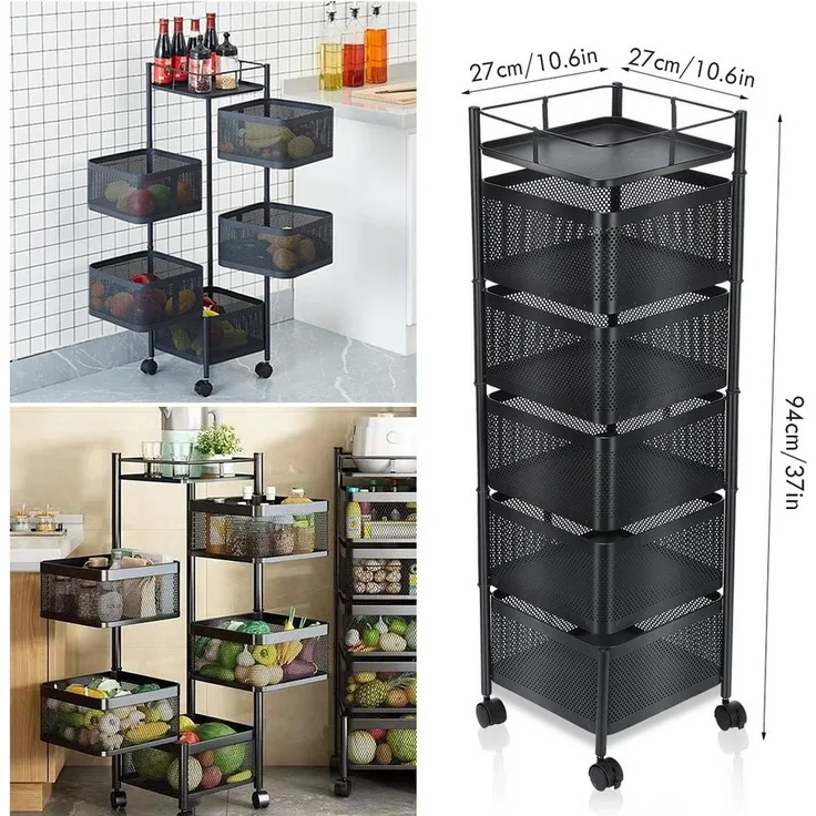 oyajia Küchenregal 6-Stöckiges Küchenregal mit Rollen, Drehbaren Körben, Stahl Obstregal, Metall Aufbewahrungsregal, Standregal, Gemüseregal, 5 Körbe 2-tlg, Flexibler, Langlebiger Rollwagen Ideal für Küche,Bad,Büro, 27x27x94 cm