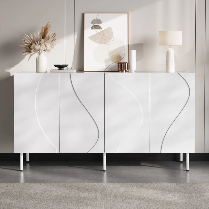 DESVIAE Sideboard mit 4 Türen und Push-to-Open 140x77,5x40 cm aus MDF und Spanplatte Weiß – Bild 2