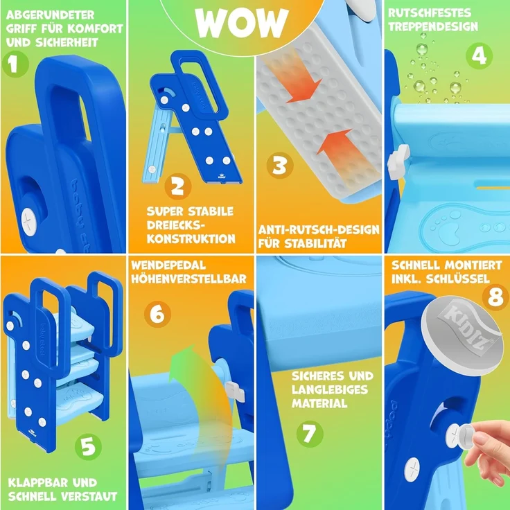 KIDIZ® Tritthocker für Kinder Trittleiter Klappbar mit 3 Stufen | Faltbarer Lern-Turm ab 18 Monaten bis 6 Jahren | Robust | Sicherer & Stabiler Trittschemel | Höhenverstellbar Rutschfest Blau / Hellblau – Bild 8