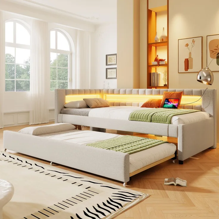 Daybett, Tagesbett Schlafsofa Bett mit LED-Fernbedienungslichtleiste am Bettende Bett mit Ausziehbett ohne Matratze USB + TYPE-C, Leinen, Beige, 90 x 200 cm