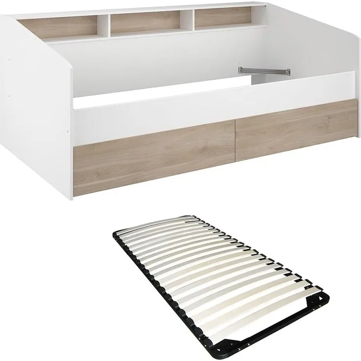 Vente-unique - PAULETTE Bett Holz, Platte BeigeWeiß - B 112,7 cm x H 81,7 cm x L 203 cm