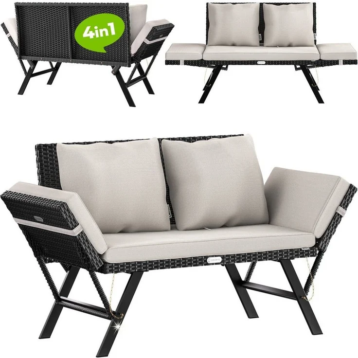 Casaria® Gartenbank mit Liegefunktion / Auflage / Kissen, Polyrattan schwarz / weiß, 176 x 56 x 81 cm – Bild 1