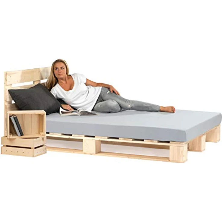 sunnypillow 140x200 cm Palettenbett mit Kopfteil Holzbett Bett aus Paletten Palettenmöbel Naturholz Fichte europalette 80 90 100 120 140 160 180 200 220 240x200 cm – Bild 2