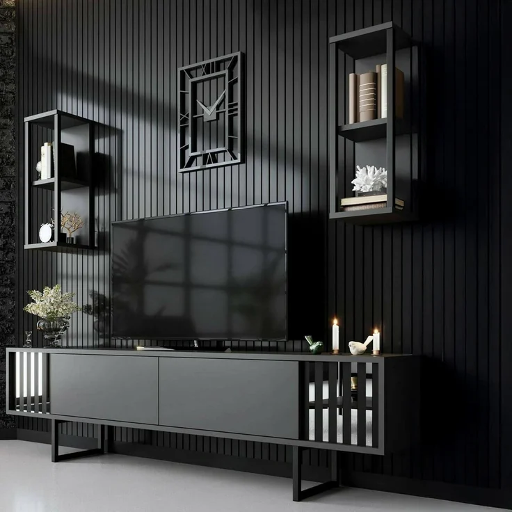 Dmora - Fernsehschrank Ananke, Ständer für Wohnzimmerfernseher, Niedriges Wohnzimmer-Sideboard, TV-Ständerbasis, 180x30h48 cm, Anthrazit und Schwarz