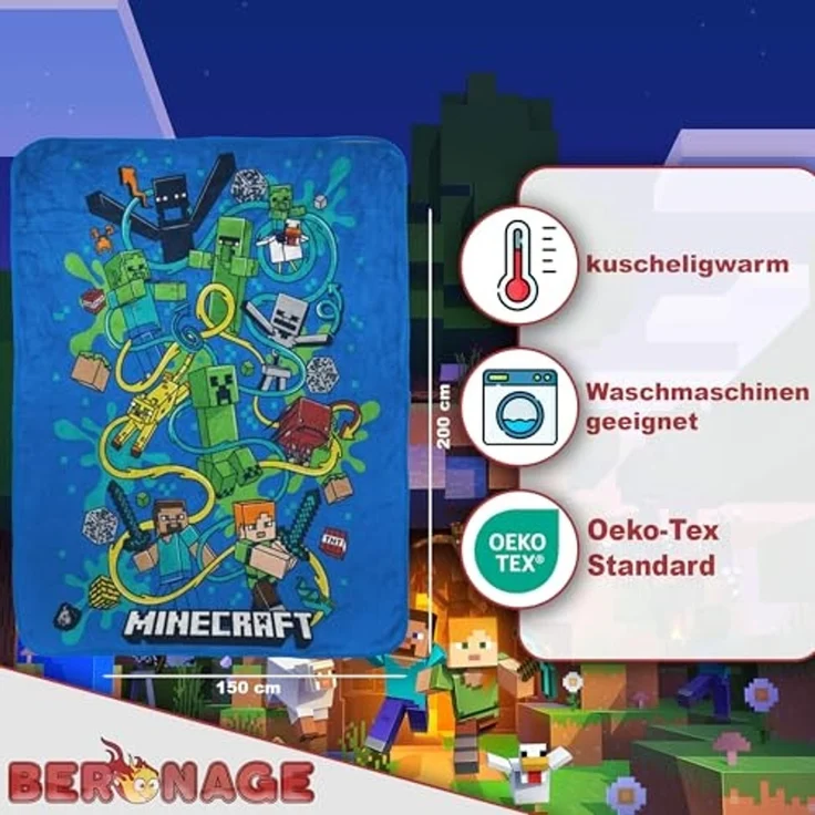 Wohndecke Minecraft Decke Slurp 150x200 cm Kuscheldecke Wohndecke, BERONAGE, passend zur Bettwäsche, ideal für Sofa, Couch, Bett, Auto, Camping – Bild 2