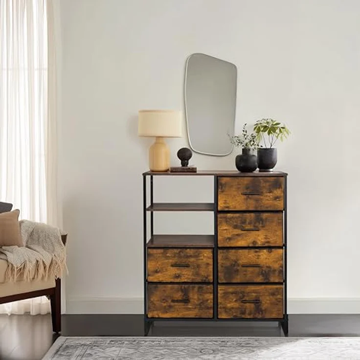 hjh LIVING Kommode mit 6 Schubladen, 2 offene Fächer RAGALA 84 x 30 x 92 cm Regalsystem Sideboard für Wohnzimmer Schlafzimmer Flur, Räuchereiche – Bild 5