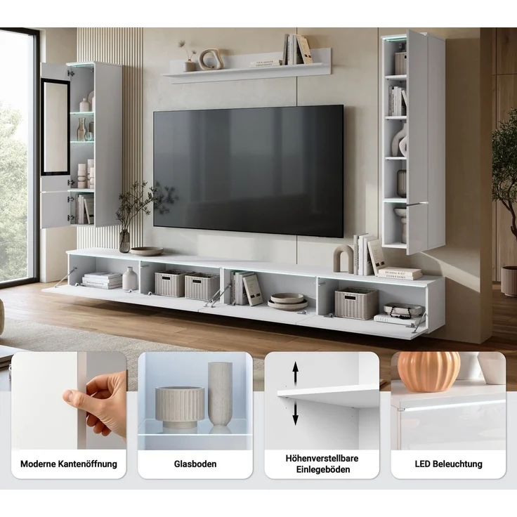 Home affaire Wohnwand Vera, Breite 300 cm, (Komplett-Set, 5-St), Mit LED, Glasvitrine, grifflose Fronten – Bild 3