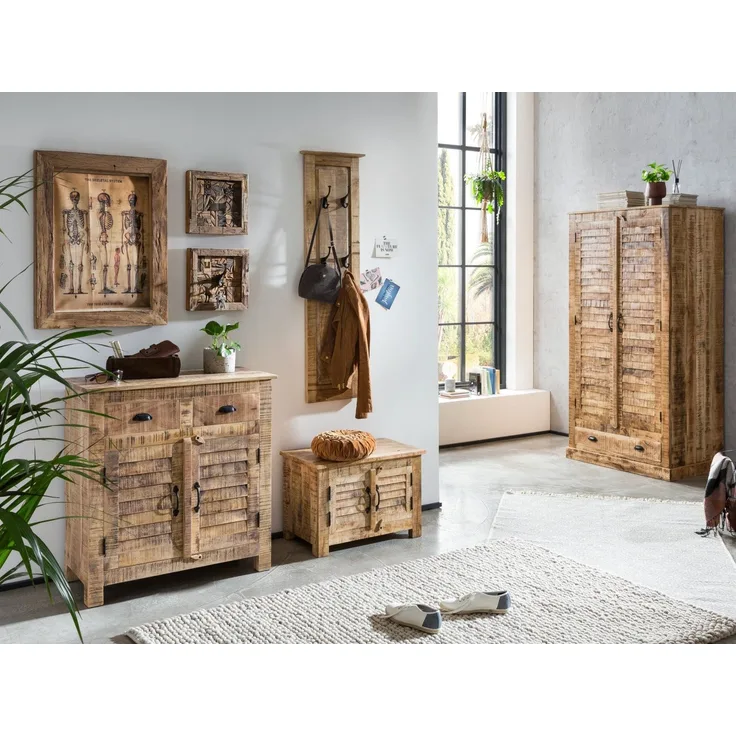 Flurset Garderobenset Woodkings Caribou Mango Massivholz braun Flurmöbelset mit Kleiderschrank 90x180x60 cm Boho Landhaus Diele Garderobe