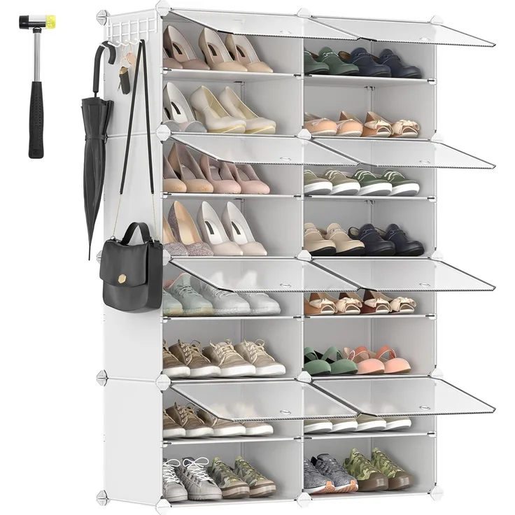 SONGMICS Schuhregal mit 8 Fächern, Schuhschrank, 30 x 40 x 30 cm pro Fach, schmal, mit Türen, Stahlrahmen, Kunststoff, für Flur, Schlafzimmer, Eingangsbereich, weiß LPC034W01