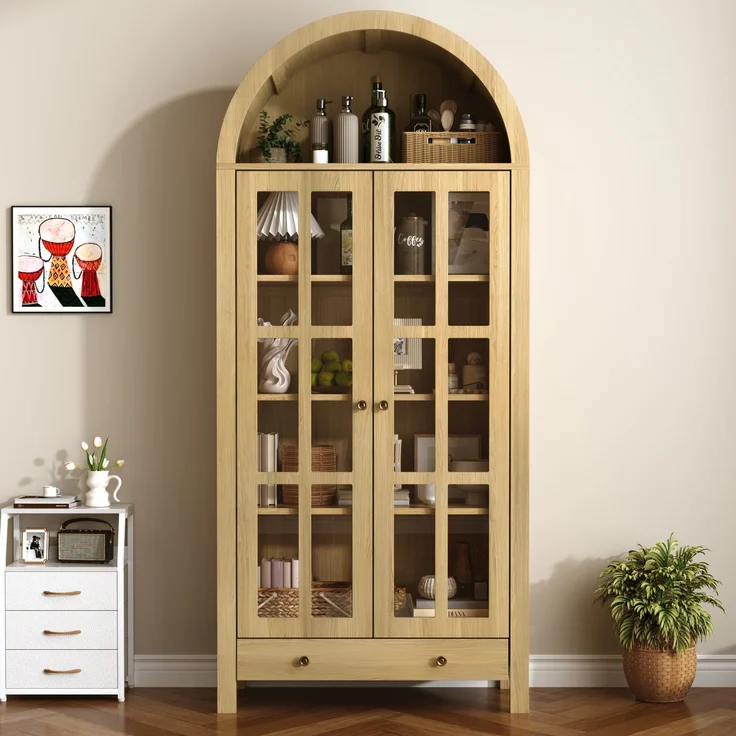 Moderner bogenförmiger Standhochschrank mit mehreren Regalebenen & Schublade – Multifunktionale Vitrine & Regalschrank mit höhenverstellbaren Einlegeböden für Wohnzimmer, Arbeitszimmer und Esszimmer--Natürlich--75x35x170.5cm--YOUDENOVA – Bild 3