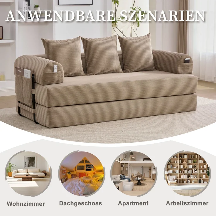 LVHOM Schlafsofa 3 Sitzer, Klappsofa mit Schlaffunktion, Bodensofa, Polstersofa aus CordStoff, Schlafcouch dauerschläfer, frei Kombination, 200x94x67 cm, Khaki – Bild 10