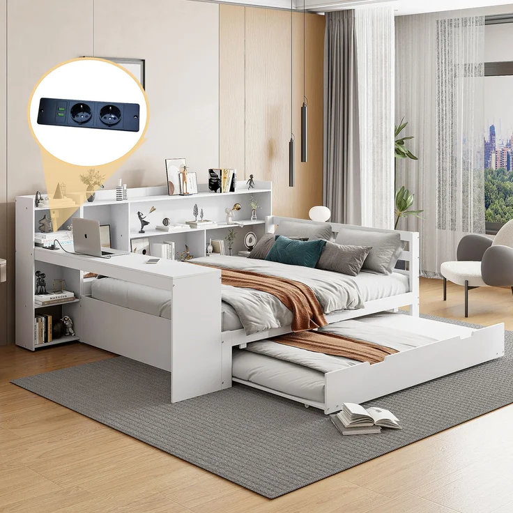 Multifunktionales Massivholz-Schlafsofa mit Ausziehbett, Regalen & USB-Steckdose, Doppelbett mit Stauraum, Weiß – Bild 1