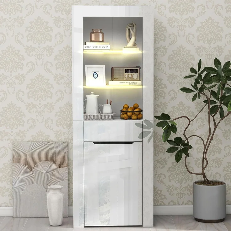 Ball & Cast Standvitrine mit Beleuchtung - Mit Offenen Fachböden & Schubladen, Vitrine für Küche, Schlafzimmer & Wohnzimmer, Weiß – Bild 4