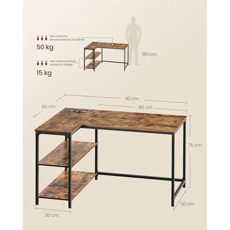 VASAGLE Gaming Schreibtisch in L-Form, Schreibtisch mit Stauraum, höhenverstellbare Regale, für Zuhause, mit Steckdosen und 2 USB-Anschlüssen, 110 x 80 cm, rustikales Braun LWD131KD01 – Bild 2