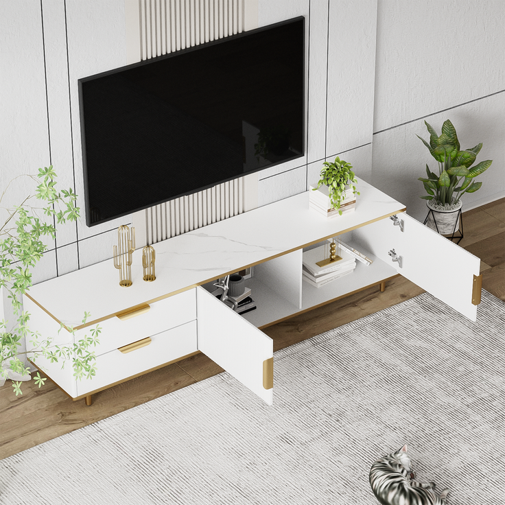 Moderner TV-Schrank 175 cm x 40 cm x 45 cm aus hochwertigem Material in Weiß mit goldenen Akzenten, 175x40x45cm – Bild 6