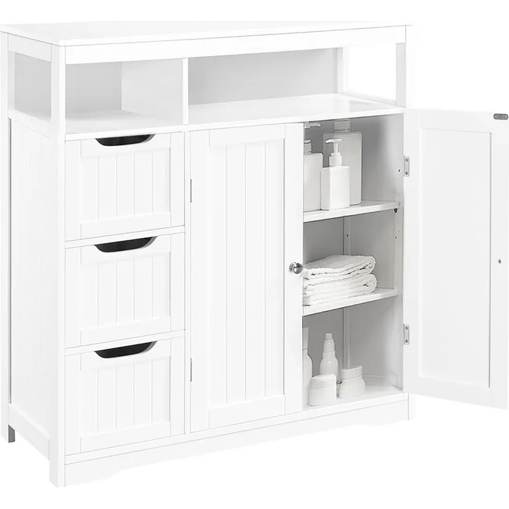 Shally Dogan Badezimmerschrank aus weißem Holz mit 3 Schubladen, 2 Türen und 2 Regalen, platzsparend, Mehrzweck-Bodenschrank, freistehender Schrank für Wohnzimmer, Küche, Büro, Schrank 80,5 x 30 x
