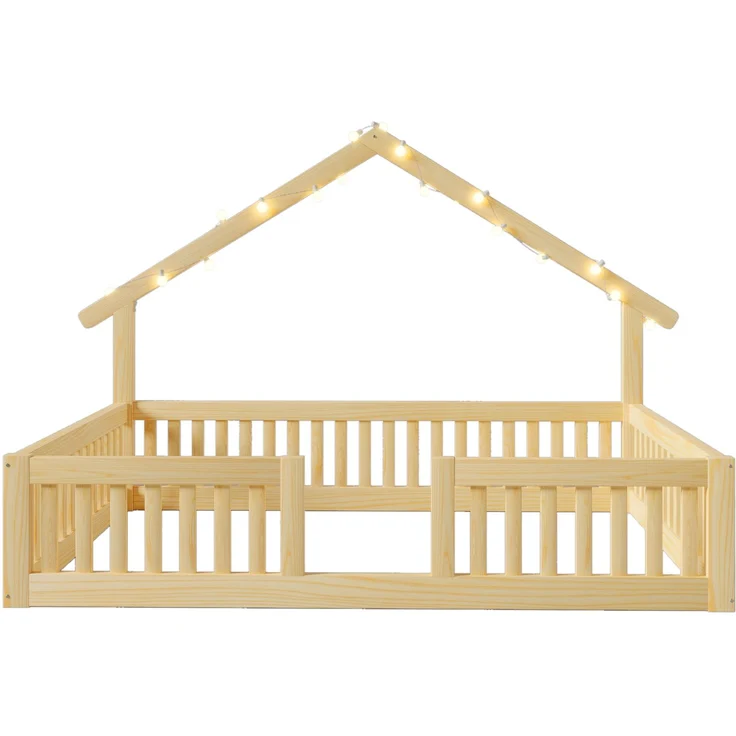 Bett 140x200 cm Hausbett aus Holz in Natur mit Sicherheitsgitter, LED-Lichterkette, ohne Matratze – Bild 6