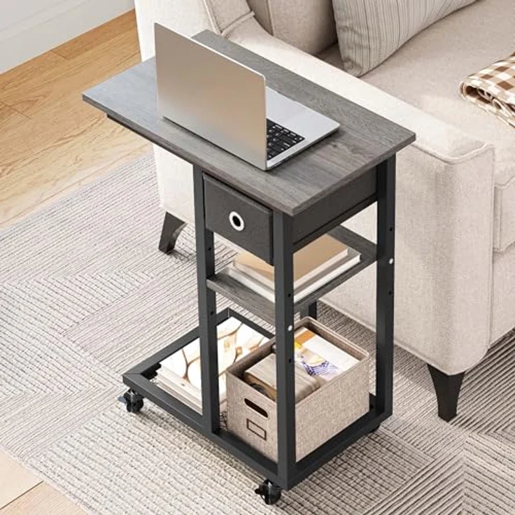 YITAHOME 2PCS Beistelltisch, C-Form Sofatisch mit Rollen und Schublade，Wohnzimmertisch für Kaffee und Laptop，für Wohnzimmer, Schlafzimmer，50 x 30 x 67 cm, Grau – Bild 3