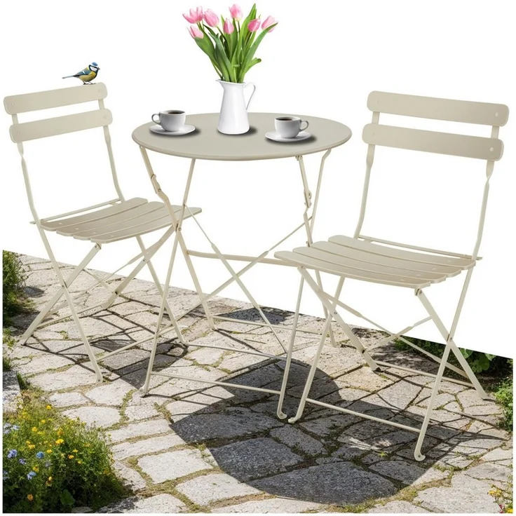 tectake Essgruppe Bistrotisch Set für 2 Personen, Belastbarkeit Stuhl 120 kg, (Bistrotisch Frieda, 3-tlg, in creme), klappbar, widerstandsfähig, UV-beständig – Bild 1