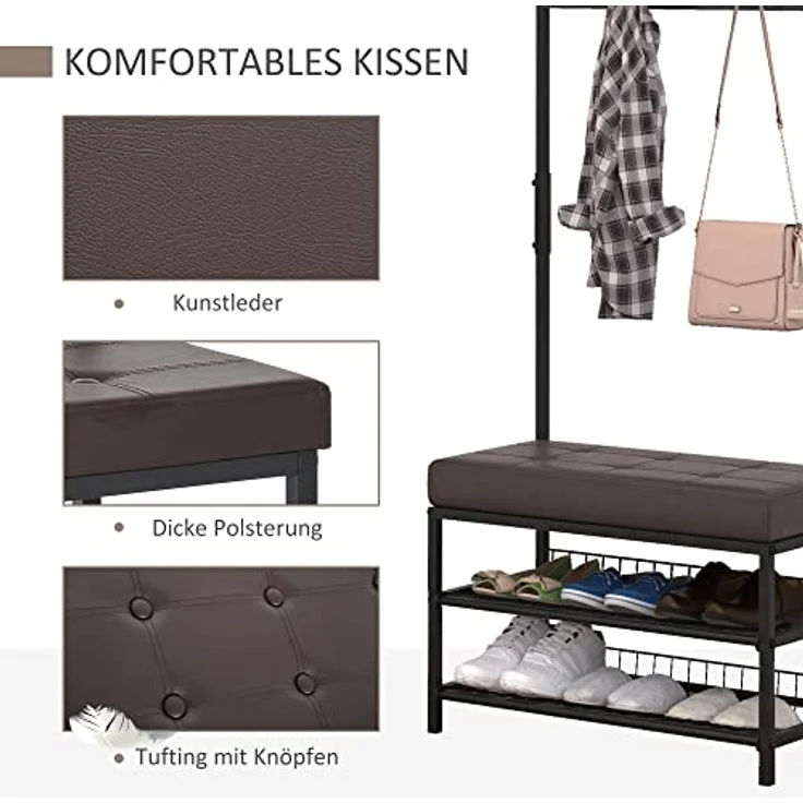 HOMCOM Garderobenständer, All-in-One Garderobe mit 5 Haken, Schuhablagen und Sitzbank, Schwarz-Braun, Metall, 35x180x72,5 cm – Bild 3