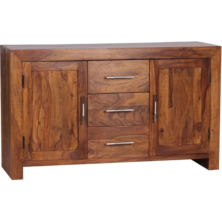 Wohnling MUMBAI Sideboard Massivholz Sheesham, 3 Schubladen 2 Türen, Landhaus-Stil