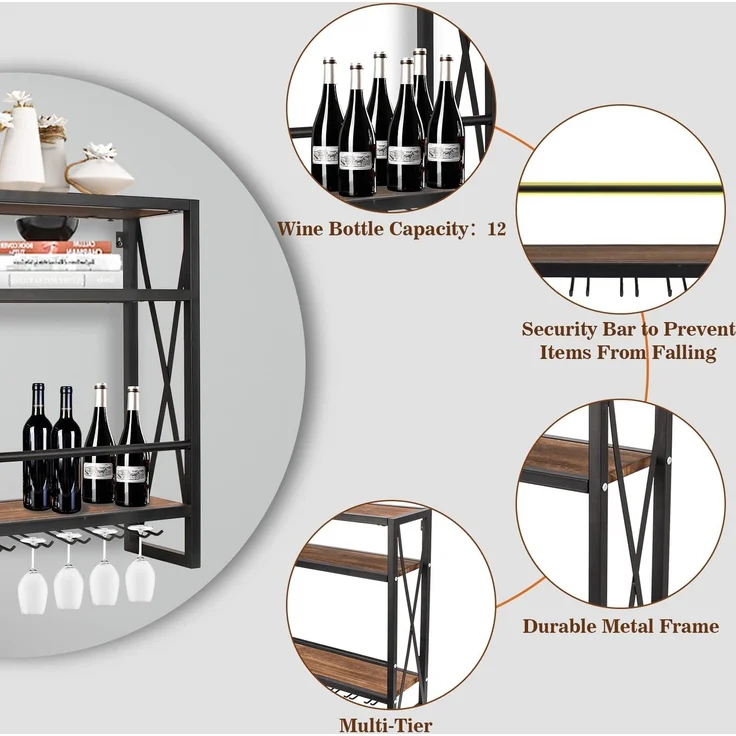 Todeco Weinregal Wandmontiert mit Glashalter Holz Metall Flaschenregal mit 3 Ebenen für 12 Flaschen Wein Weinständer mit Tassenablageregal geeignet für Küche maximale Belastbarkeit 50 kg, 60*20*62 cm – Bild 8