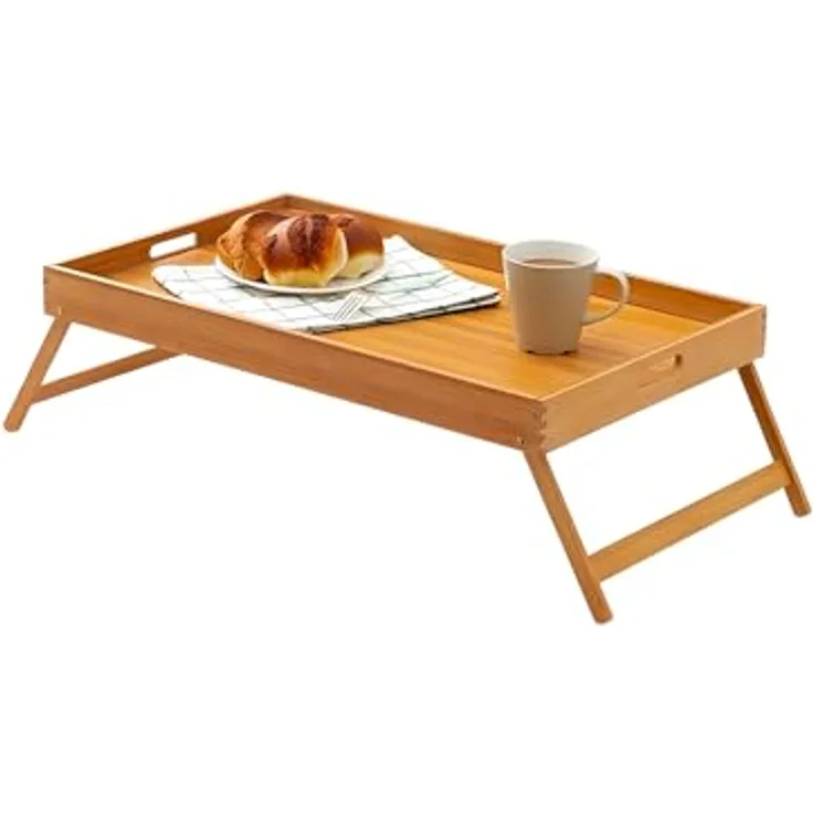 Avilia Frühstückstablett im Bett aus Bambus mit Griffen und klappbaren Beinen – perfekt für bequemes Essen im Bett – 50 x 30 x 21 cm