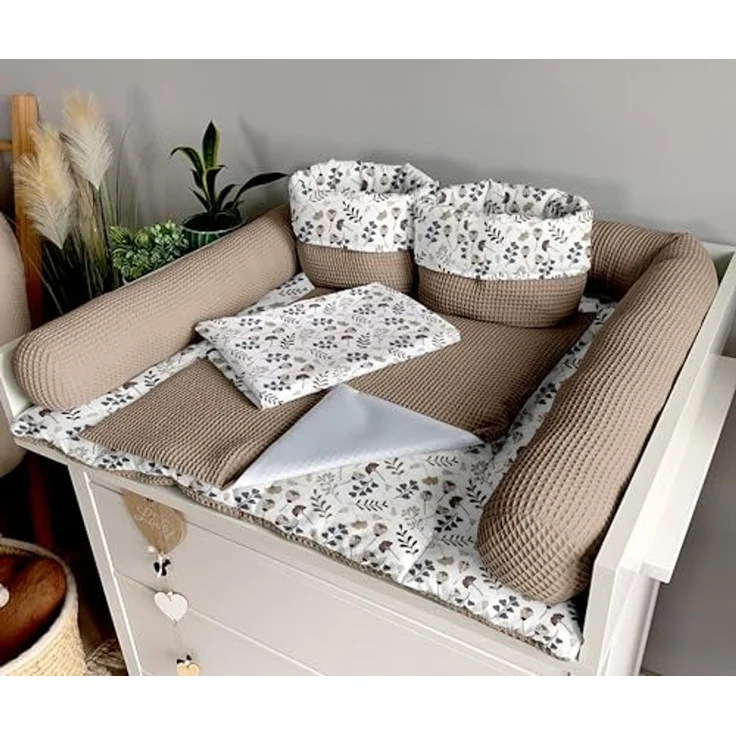 Wickelauflage Set 6-teilig – Wickelunterlage aus Baumwolle & Waffelstoff – Baby Wickelauflage – Geschenk zur Babyparty – Wickeltischauflage – 75x70 cm (Breite x Tiefe), Zweige und braun – Bild 2