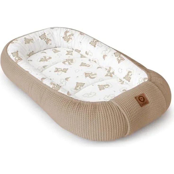 Babynestchen Neugeborene – Nestchen Baby aus Waffel Baumwolle & Baumwollstoff – Babynest für Babybett & Kinderbett – Baby Kokon Tragbar – OEKO-TEX zertifiziert – Zubehör für Babybett - Teddy und Braun – Bild 1