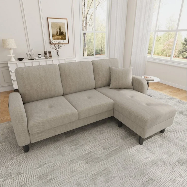 Merax Ecksofa L-förmiges Sofa mit Bettfunktion, Modulares Sofa aus Cordstoff, 1 Teile, 3-Sitzer Sofa mit Chaiselongue, Kissen & Kunststoffbeine, 166x118x77cm – Bild 1