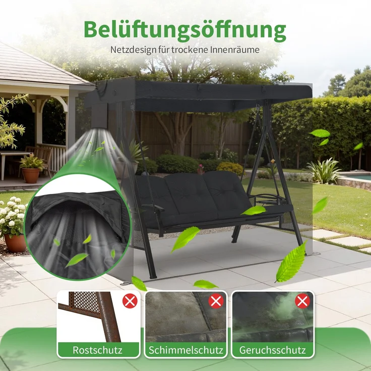 M MCombo Hollywoodschaukel Abdeckung 2-3 Sitzer, Abdeckplane Wasserdicht & UV-Beständig für Gartenschaukel 8003 8007, Reißfeste Schutzhülle 4001 (Oxford, Schwarz) – Bild 7