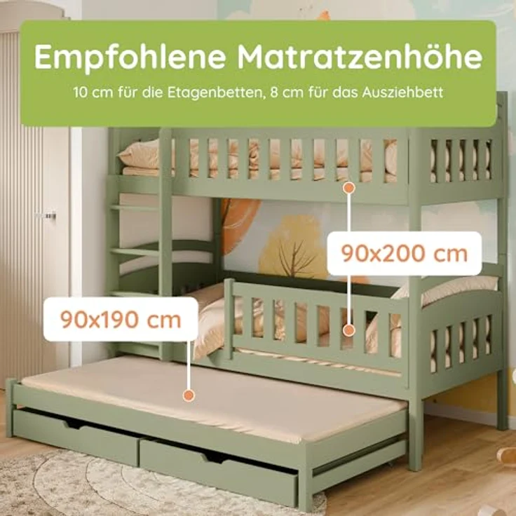 Kids Collective Etagenbett Hochbett Stockbett Kinderbett 90x200 cm mit Ausziehbett und Schubladen (mit drei Matratzen inklusive), Umbaubar zu 3 Einzelbetten mit Lattenrosten & Rausfallschutz, Olivgrün – Bild 11