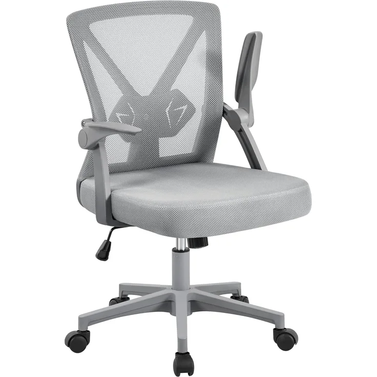 Yaheetech Bürostuhl Schreibtischstuhl mit hochklappbare Armlehnen, Drehstuhl aus Mesh, Office Chair Ergonomic, erstellbaren Lendenwirbelstütze, Wippfunktion, höhenverstellbar Grau