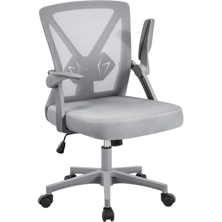 Yaheetech Bürostuhl Schreibtischstuhl mit hochklappbare Armlehnen, Drehstuhl aus Mesh, Office Chair Ergonomic, erstellbaren Lendenwirbelstütze, Wippfunktion, höhenverstellbar Grau