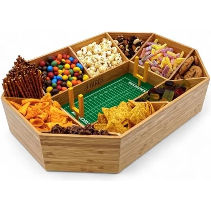 40YARDS Servierschale American Football Snack Stadium aus Bambus Holz + Filz-Spielfeld, Bambus Holz, (12-tlg), Filz-Spielfeld mit Markierungen & 2x Field Goals, Größe: 50 x 36 cm