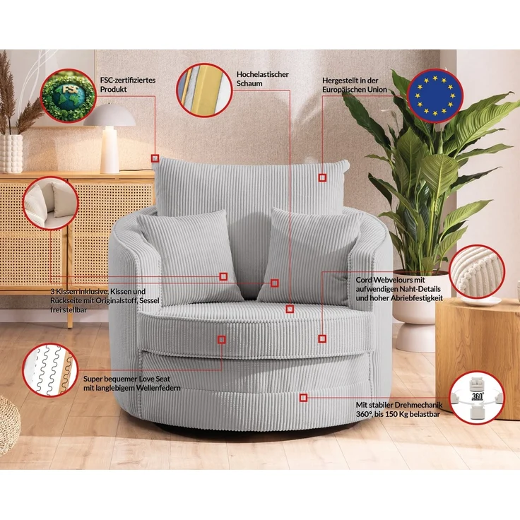 S-Style Möbel Drehsessel Ted Love Seat XXL 360 Grad drehbar aus Cord-Stoff, mit Wellenfederung – Bild 3