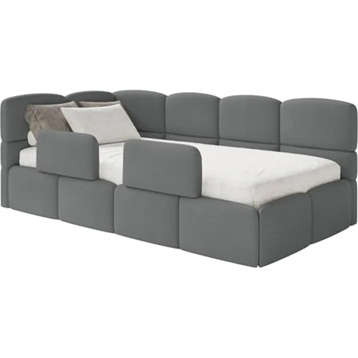 Selsey 'Cloudy' Kinderbett 120 cm, Bettkasten, 2x Rausfallschutz, Chenille, links, Dunkelgrau