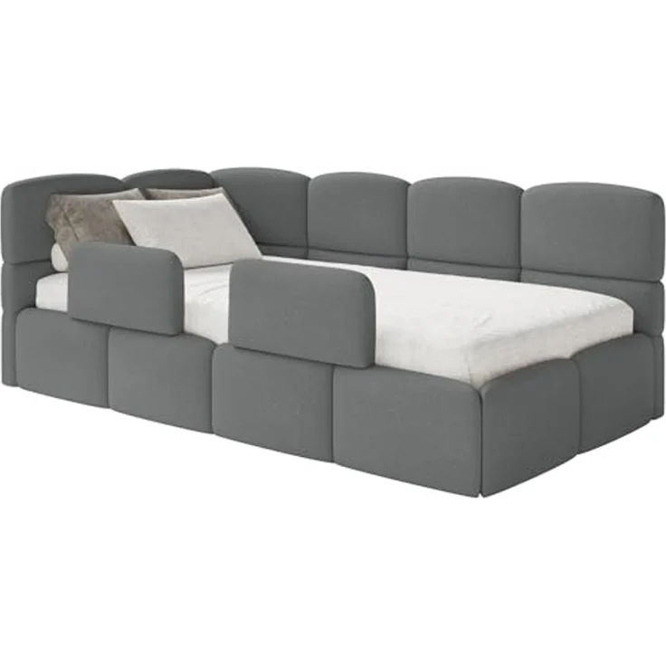 Selsey 'Cloudy' Kinderbett 120 cm, Bettkasten, 2x Rausfallschutz, Chenille, links, Dunkelgrau – Bild 1