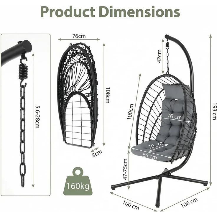 TLGREEN Hängesessel mit Gestell, Klappbarer Eiersessel, 360° Drehbar (Indoor & Outdoor Schaukelstuhl, Ergonomischer Relaxsessel mit Kissen), für Garten Balkon Wohnzimmer, Belastbar bis 160kg – Bild 2